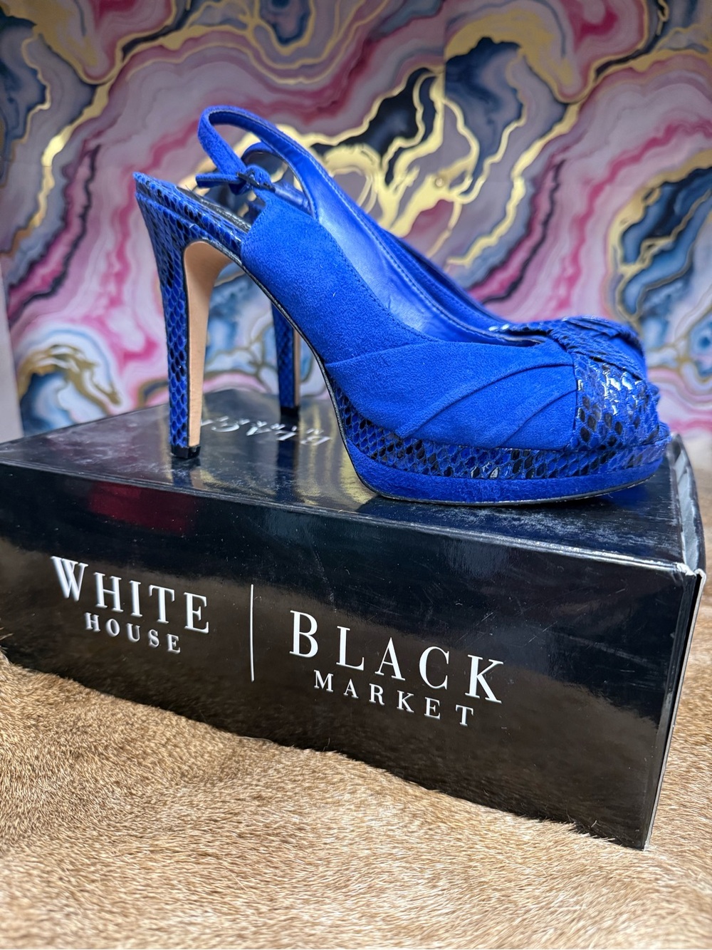 White House Black Market Royal Blue Peep-Toe Slingback Heels